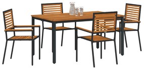 5 Darabos Kerti Étkező Szett Fekete Poli Rattan Akáciából, Egymásra Rakható Kerti Székek párnahéj 2 db Fekete Poli Rattan, Kerti Asztal 150x90x75 cm Szilárd Akácia Fa és Fém