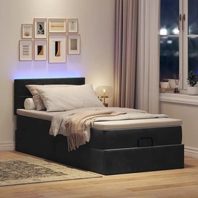 fekete bársony ottomán ágy matraccal &amp; LED-ek 80x200cm