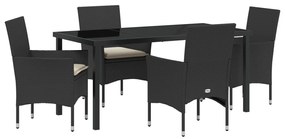 5 darabos kerti étkező garnitúra párnákkal fekete polirattan, Kerti asztal fekete 160x80x73 cm edzett üveggel
