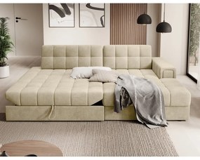 Világosbarna bársony kinyitható sarokkanapé (jobb oldali-heverő résszel) Blezalt – ELTAP