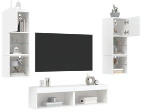 6 darab fehér szerelt fa fali TV-bútor LED-del