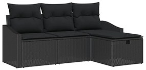 4 Darabos Kert Kanapé Szett Párnával Fekete Poli Rattan