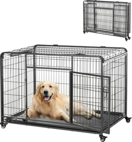 PawHut Összecsukható Fém Kutya Ketrec Nagy Kutyák Számára 125x76x81 cm Kerekekkel és Fékrendszerrel, Kivehető Tálca és Ajtó Zárakkal Golden Retriever