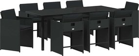 vidaXL Kert étkező szett párnával 9 pcs Fekete polirattan