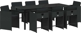 vidaXL Kert étkező szett párnával 9 pcs Fekete polirattan