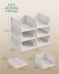 SONGMICS egymásba rakható ruhatároló kosár készlet (6 db-os), 43 x 33 x 18,5 cm, fehér