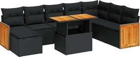 vidaXL 9 részes fekete polyrattan akácfa kerti ülőgarnitúra párnákkal