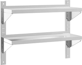 vidaXL 2 szintes ezüst rozsdamentes acél fali polc 75 x 23,5 x 60 cm
