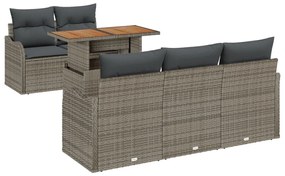 6 Darabos Kert-kanapé Szett Párnákkal Szürke Poly Rattan Akácfa, 2-Fős Kert-kanapé Párnákkal Szürke Poly Rattan