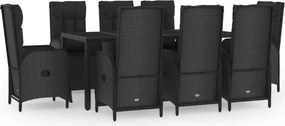 vidaXL 9 részes fekete polyrattan kerti étkezőgarnitúra párnákkal