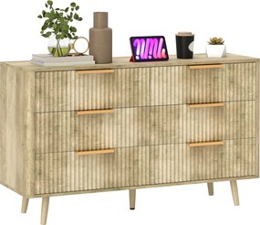 HOMCOM 6-Fiókos Komód hálószobába csíkos dizájnnal és fa lábakkal, Oldalszekrény nappaliba vagy előszobába 62x35x105 cm Tölgy | Aosom