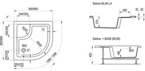 Ravak A217001020 - SABINA negyedköríves zuhanytálca 90x90 cm fehér