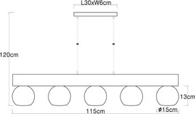 Globo 15656-5H Függeszték fém fekete matt, MDF fa hatású sötét, üveg füstszínű, átlátszó, kábeltextil fekete, állítható magasságú (függőlámpa), HxSzxM.: 1150x150x1200mm, nem tartozék: 5x E27 40W 230V