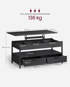 VASAGLE dohányzóasztal, magasságában állítható, 50×100 cm, antracitszürke–tintafekete