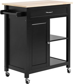 HOMCOM Fából készült Konyhai Kocsi Fiókkal, Szekrénnyel és Polcokkal, Kerekes Tálca 83x45x88cm, Fekete | Aosom