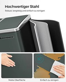 Konyhai szemetes, 3 × 18 literes szelektív hulladékgyűjtő, acél, zöldesszürke