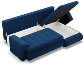 Tokio sarokkanapé, 2 ágyneműtartóval, bársony, jobboldali, kék