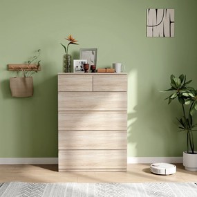 HOMCOM 6-Fiókos Tárolószekrény Minimalista Kilincs Nélküli Kialakítással - 80 x 39 x 115 cm - Természetes Fa | Aosom