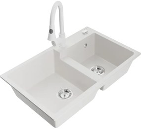 Mexen Tomas, 2 kamrás gránit mosogató 800x500x190 mm és Elia mosogató csaptelep, fehér, 6516-20-670101-20