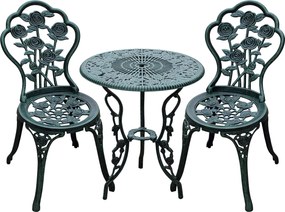 Outsunny 2 személyes Kertészett, 2 szék + Kerek Asztal Neo-Retro Stílusú Rózsa Mintával, Sleek Vonalakkal, Antik Zöld Alumínium | Aosom
