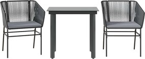 vidaXL 3 részes fekete polyrattan üveg kerti étkezőgarnitúra párnákkal