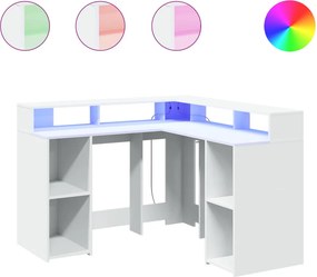 vidaXL fehér szerelt fa íróasztal LED-világítással 130 x 130 x 91 cm
