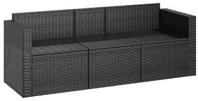 Fekete 3 személyes polyrattan kerti kanapé párnákkal