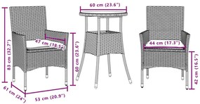 vidaXL 3 részes bézs polyrattan/üveg kerti étkezőgarnitúra párnákkal