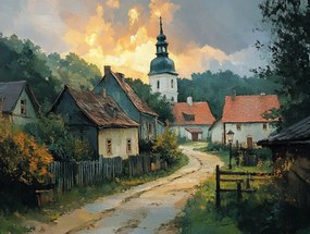 Vászonkép Canvas Tájkép Falu Házak Templom Út Alföld 80x60