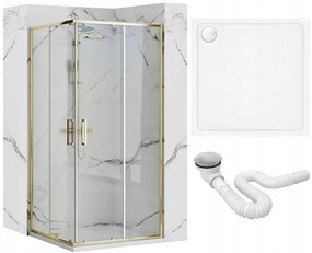 Rea Punto, zuhanykabin tolóajtóval 90 (ajtó) x 90 (ajtó) x 190 cm, 5mm átlátszó üveg, arany fényes profil + fehér Savoy zuhanytálca, KPL-K6440