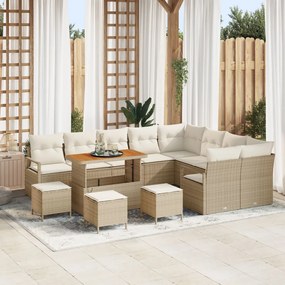 13 darabos kerti kanapé szett párnákkal bézs poly rattan akáciával, 4 darabos kerti étkező szett párnákkal bézs poly rattan akáciával, 2 személyes kerti kanapé párnákkal bézs poly rattan