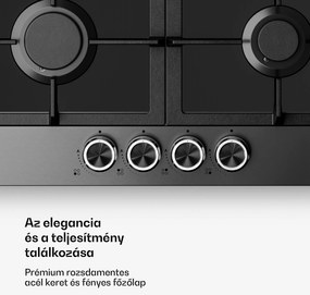 Klarstein Verosteel gázfőzőlap, 4 égős, elektromos gyújtás, földgázzal és LPG-vel kompatibilis, 8000 W, 60cm