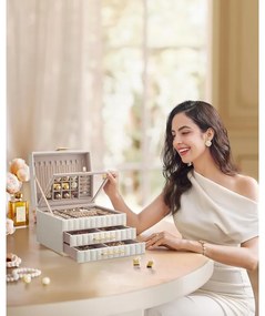 3 szintes ékszerdoboz tükörrel, ékszertartó 2 fiókkal, felhőfehér