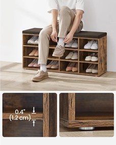Cipőpad, tárolópad párnázott üléssel, 12 rekesszel, rusztikus barna