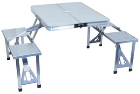 Összecsukható kempingasztal székekkel fehér/króm