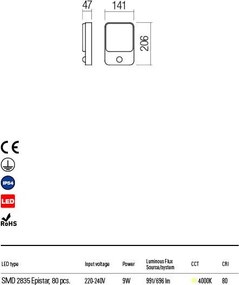 REDO 90134 COLLIN Fali Lámpa Mozgásérzékelővel LED IP54