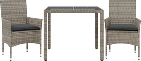vidaXL 3 részes szürke polyrattan/üveg kerti étkezőgarnitúra párnával