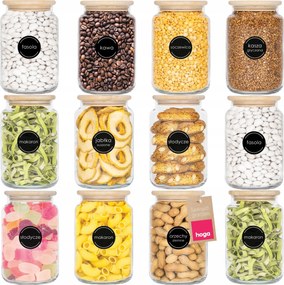 Üvegtároló Edény Szóródó Élelmiszerekhez Fa Fedővel 880ml x12 Címkék