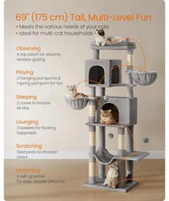 Feandrea nagy macskafa, 175 cm magas macskatorony szürke színben