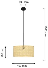 Csillár zsinóron ALBA 1xE27/15W/230V á. 40 cm rattan/fekete