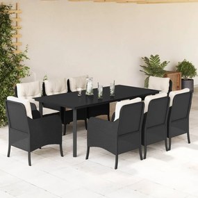9 részes fekete polyrattan kerti étkezőgarnitúra párnákkal