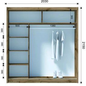 SABRINA gardróbszekrény tükörrel, 203x215 cm, woltan tölgy