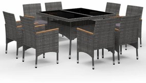 9 részes szürke polyrattan és akácfa kerti étkezőgarnitúra