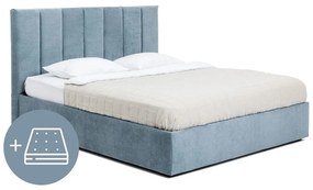 Kék kárpitozott ágyneműtartós franciaágy matraccal, ágyráccsal 180x200 cm Thessa Bold Line – Bonami Selection