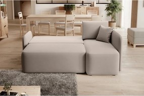 Bézs bársony kinyitható-tárolóhelyes sarokkanapé (jobb oldali-heverő résszel) Hadson – ELTAP