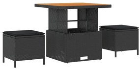 11 db-os Kert Kanapé Szett Párnákkal Fekete Poli Rattan Akác, 3 db-os Kert Étkező Szett Párnákkal Fekete Poli Rattan Akác