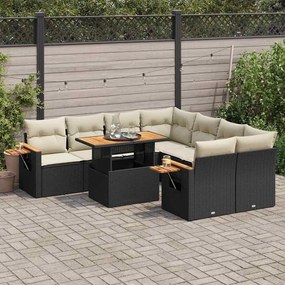 9 részes fekete polyrattan akácfa kerti ülőgarnitúra párnákkal