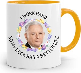 Sárga Vicces Bögre Jaroslaw Kaczynski felirattal, fényképpel