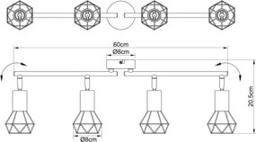 Globo 54802S-4AB Spotlámpa fém fekete- sárgaréz színben, fém drót búrával. HxSzxM: 600x80x205, fényforrás nélkül 4xE14 40W 230V