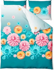 Szatén ágyneműhuzat 160x200 Blossom türkiz színes virágok